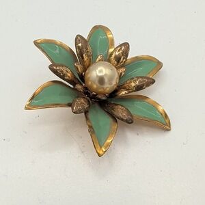 Vintage Enamel Flower Brooch Green Faux Pearl Gold Tone Mid Century Pin